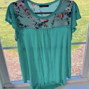 Teal Top with Floral Detail and Flutter Sleeves